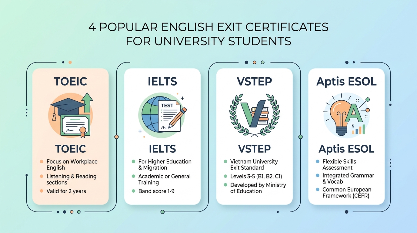 So sánh 4 chứng chỉ chuẩn đầu ra tiếng Anh phổ biến tại các trường đại học TOEIC IELTS VSTEP Aptis