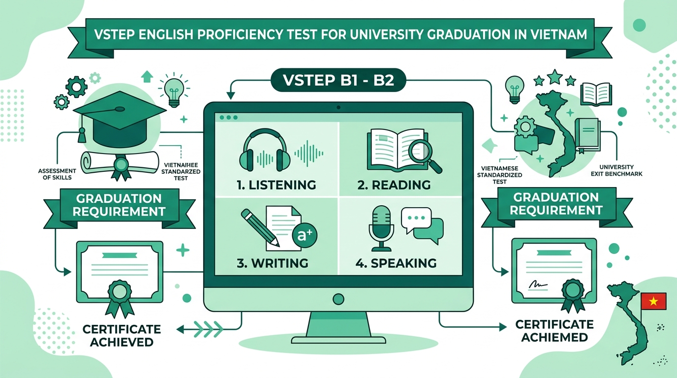 Sơ đồ kỳ thi chứng chỉ tiếng Anh VSTEP chuẩn đầu ra đại học 4 kỹ năng trên máy tính