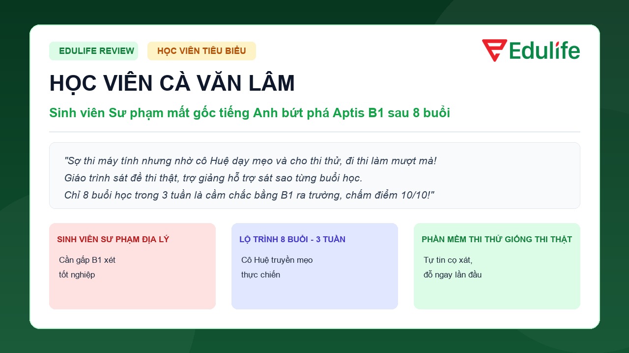 Feedback học viên Cà Văn Lâm sinh viên Sư phạm Địa lý đỗ Aptis B1