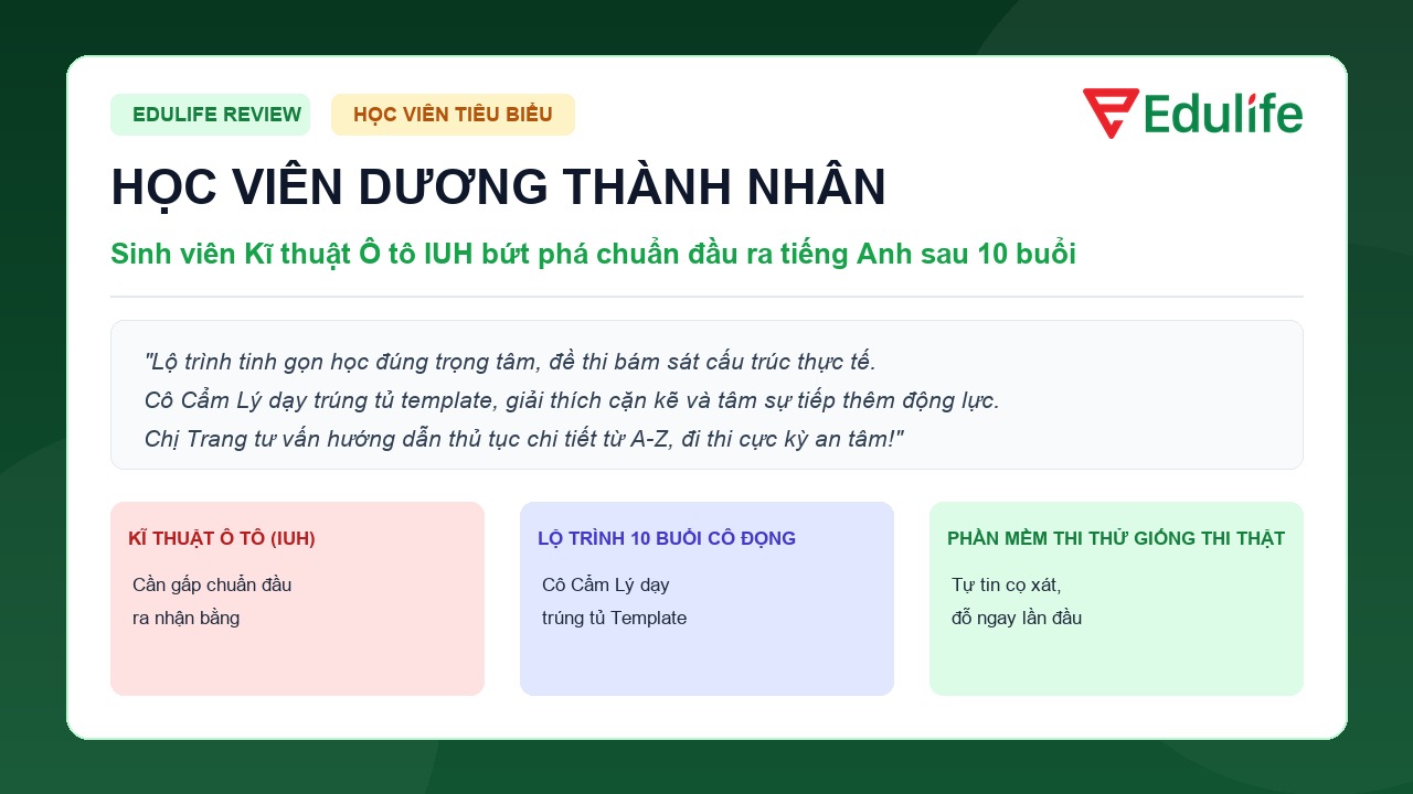 Feedback học viên Dương Thành Nhân sinh viên Cơ khí ĐH Công nghiệp TP.HCM đỗ chuẩn đầu ra tiếng Anh