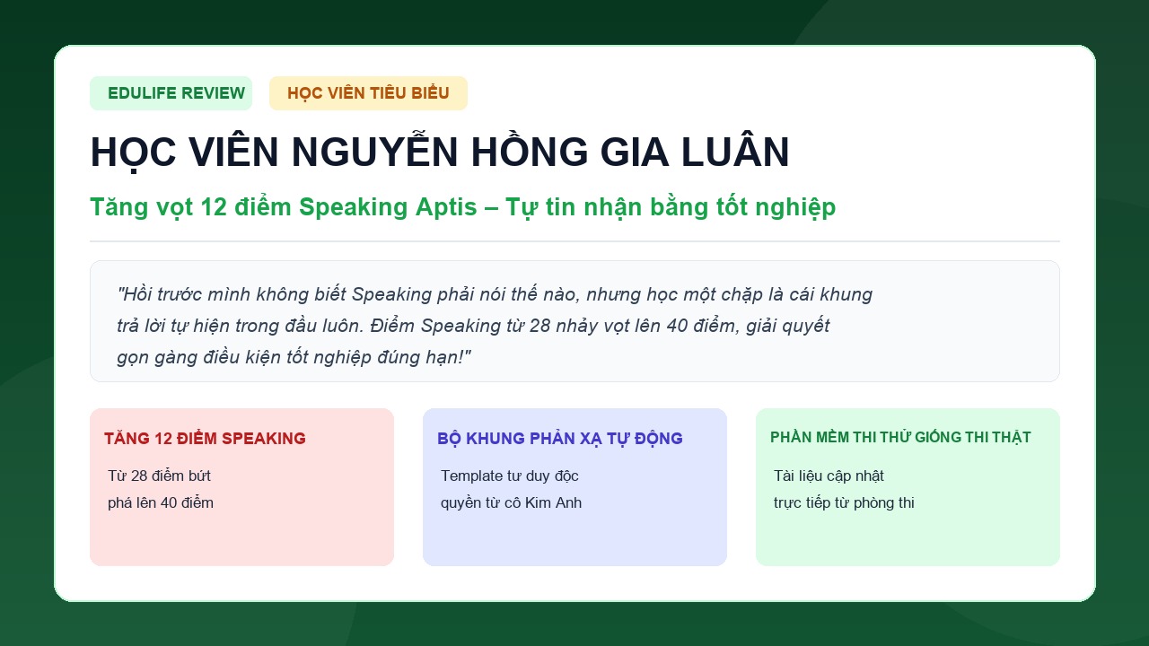Học viên Nguyễn Hồng Gia Luân tăng vọt 12 điểm Speaking Aptis để kịp tốt nghiệp