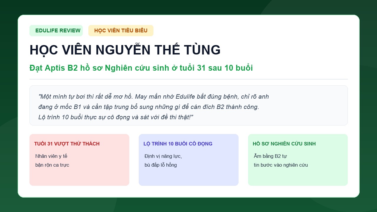Feedback học viên Nguyễn Thế Tùng đạt Aptis B2 làm hồ sơ Nghiên cứu sinh