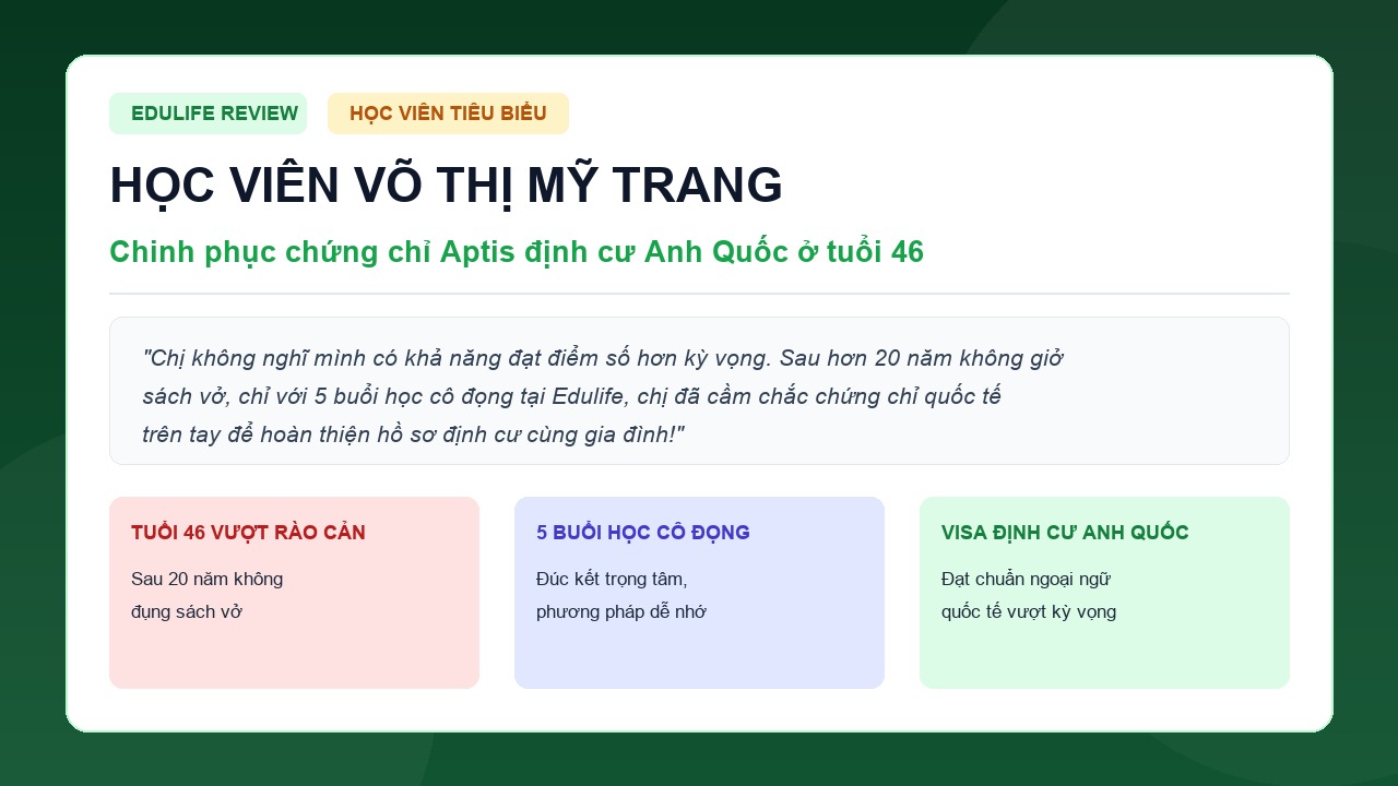 Học viên Võ Thị Mỹ Trang đạt chứng chỉ Aptis định cư Anh Quốc ở tuổi 46 sau 5 buổi học