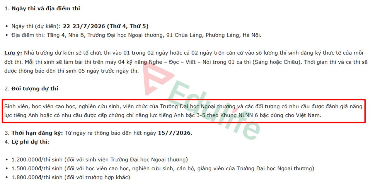Đối tượng dự thi VSTEP trường Đại học Ngoại thương
