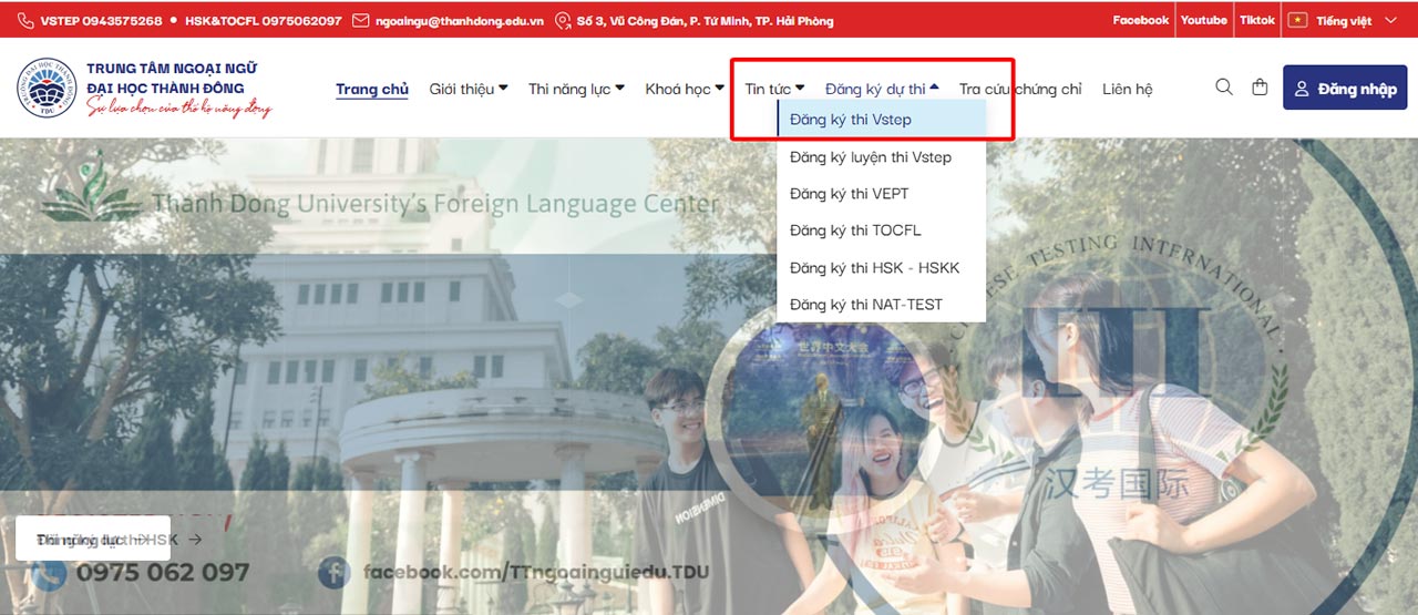 Thí sinh tiến hành ấn chọn "Đăng ký thi VSTEP"
