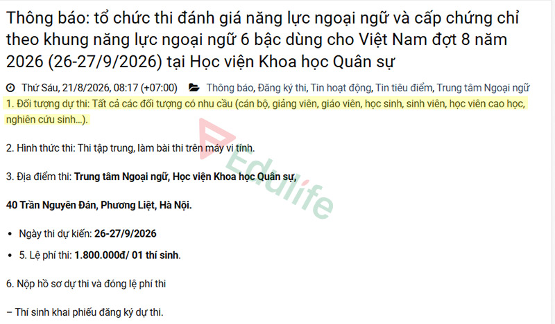 Trường Học viện kỹ thuật quân sự có nhận thí sinh tự do đăng ký dự thi VSTEP