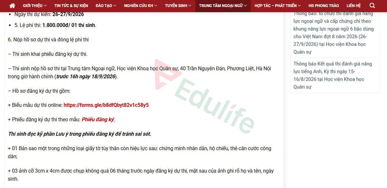 Hồ sơ cần chuẩn bị khi đăng ký thi VSTEP Học viện khoa học kỹ thuật quân sự