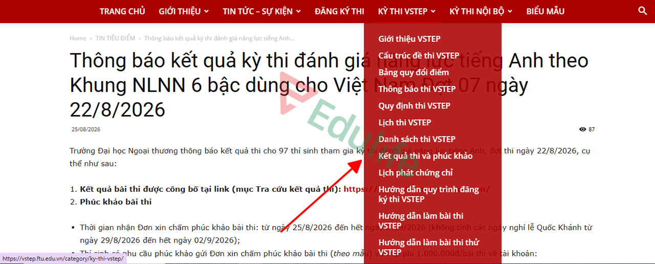Giao diện tra cứu kết quả thi VSTEP trực tuyến trên website FTU