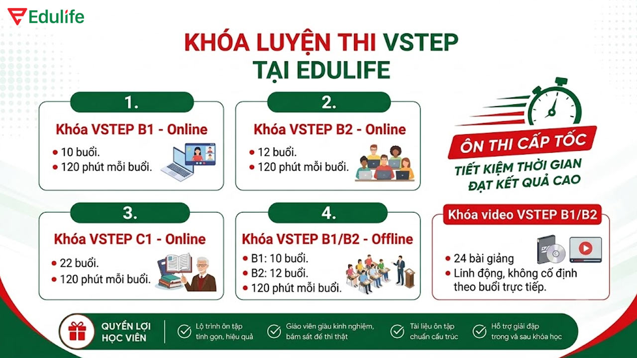 Edulife cung cấp nhiều khóa ôn thi VSTEP, phù hợp nhiều đối tượng