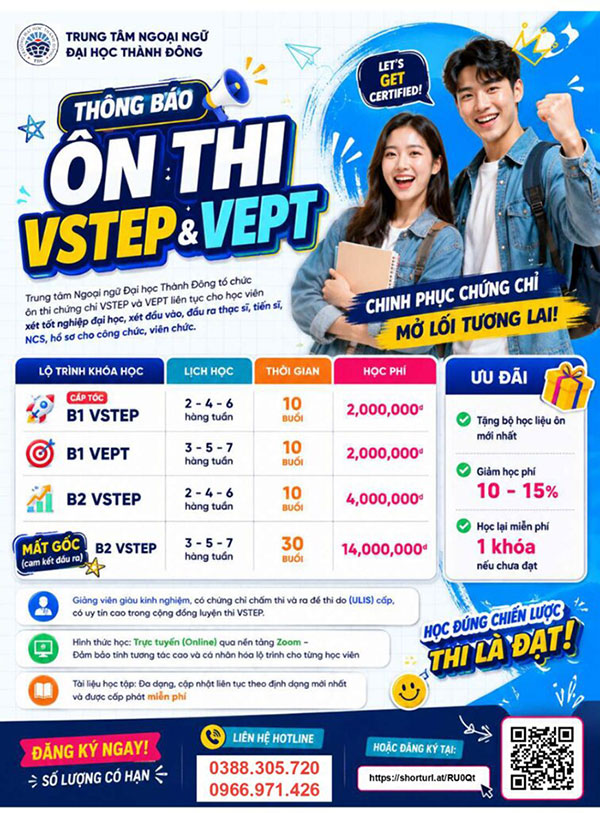 Thông tin các khóa học VSTEP trường Đại học Thành Đông (Cập nhật chính thức từ website của trường)