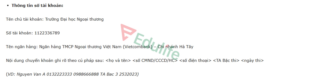 Thông tin chuyển khoản lệ phí thi VSTEP trường Đại học Ngoại thương