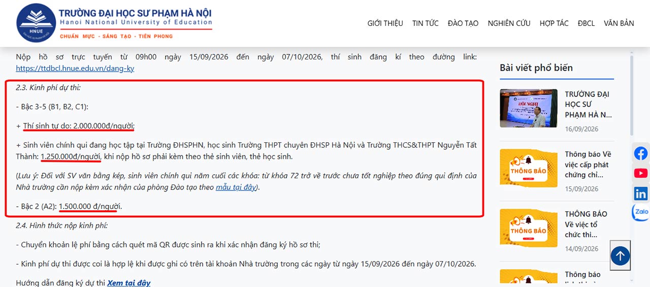 Lệ phí thi VSTEP A2, B1, B2, C1 tại Đại học Sư phạm Hà Nội (Cập nhật Tháng 9/2026)