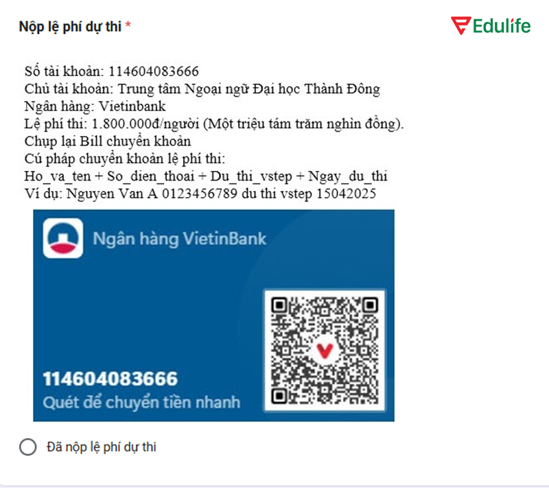 Cú pháp nộp lệ phí dự thi VSTEP trường Đại học Thành Đông