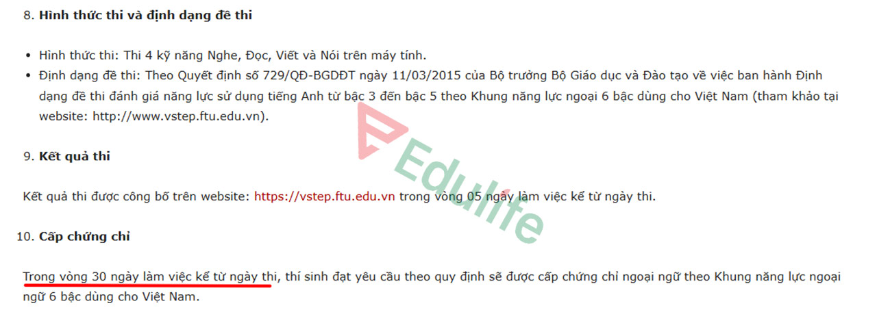 Thời gian trả chứng chỉ thi VSTEP trường ĐH Ngoại thương là trong 30 ngày kể từ ngày thi