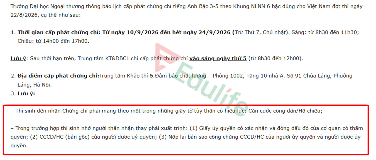 Lưu ý hồ sơ khi đi nhận chứng chỉ VSTEP tại trường ĐH Ngoại thương