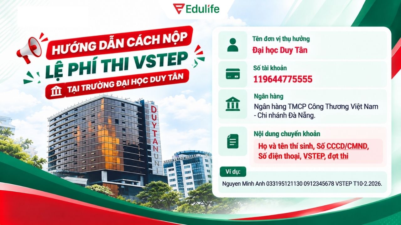 Thí sinh có thể nộp lệ phí thi VSTEP bằng cách chuyển khoản vào tài khoản của trường Thí sinh có thể nộp lệ phí thi VSTEP bằng cách chuyển khoản vào tài khoản của trường